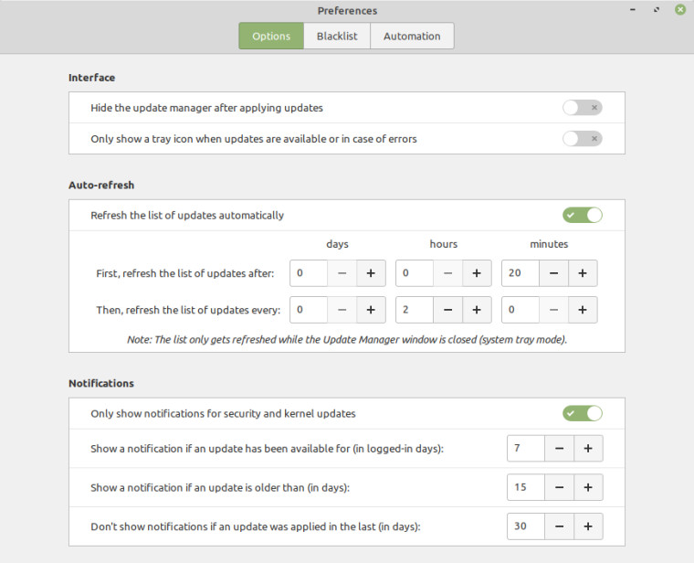 The new prefs for Mint Update Manager