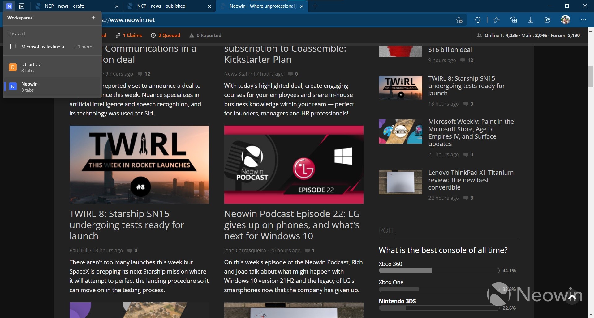 Workspaces section in the Edge browser