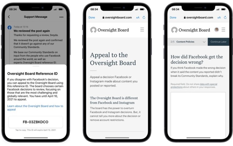 Screenshots depicting the process of filing an appeal to the Oversight Board