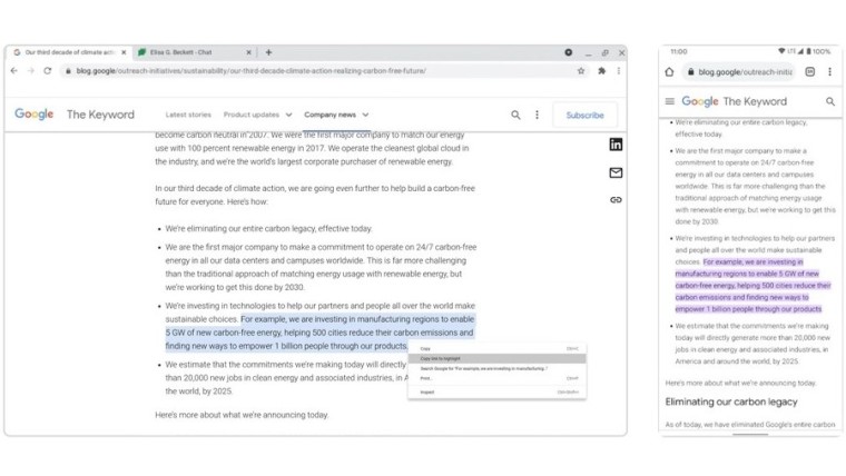 A webpage with highlighted text is shown on the right on a PC and on the left on a phone