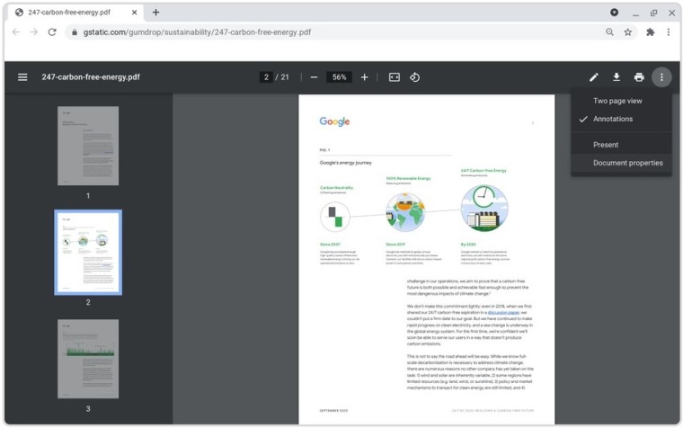 A PDF file is open in Google Chrome showing the new sidebar navigation and toolbar at the top