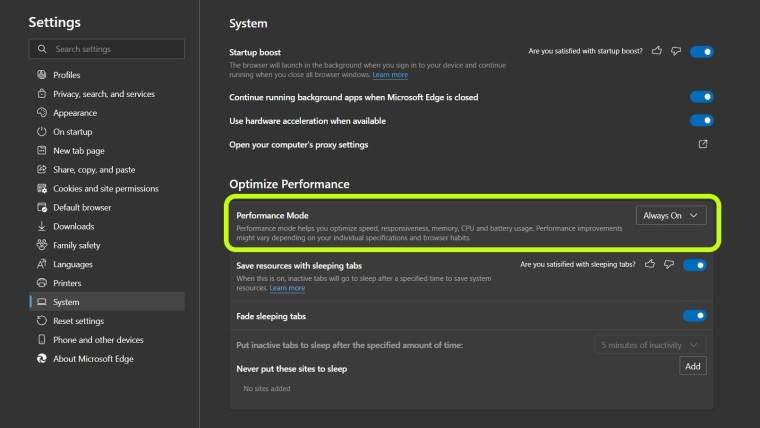 Performance mode toggle highlighted in the Edge browser&039s settigns