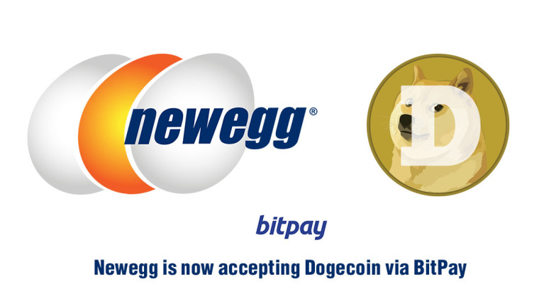 Logos of Newegg and Dogecoin which indicate you can pay using that cryptocoin