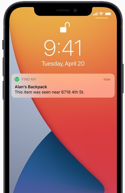 An iPhine displaying a notification from the Find My app saying an AirTag was located by someone els