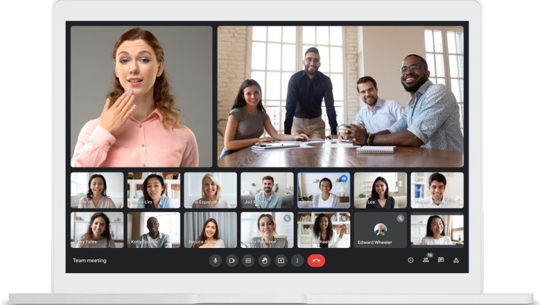 A meeting with multiple presenters highlighted on Google Meet