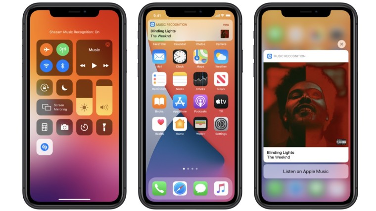 Screenshots depicting the Control Center and notifications in iOS 14