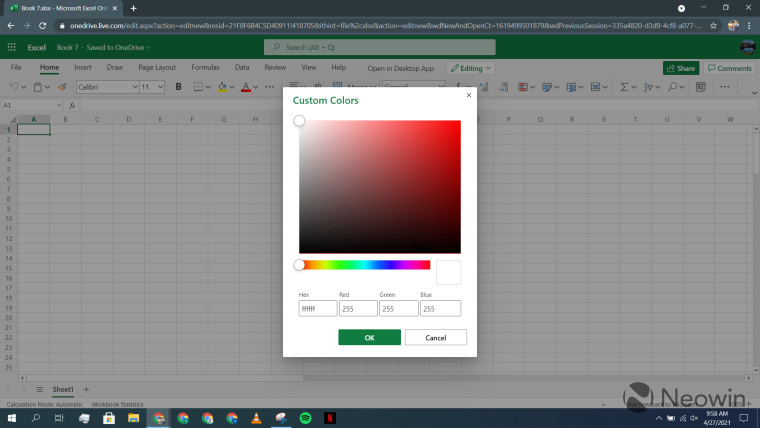 Microsoft Excel for the web open with the color slider