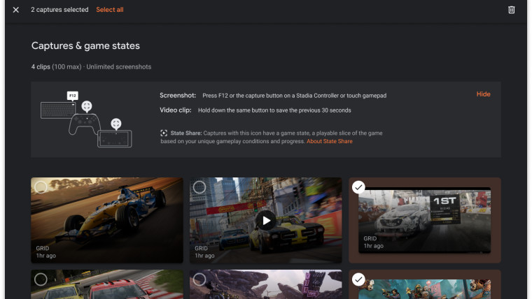 google stadia bulk delete screenshot
