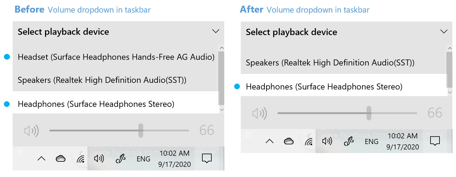 Comparison between the old and new audio device flyout in Windows 10