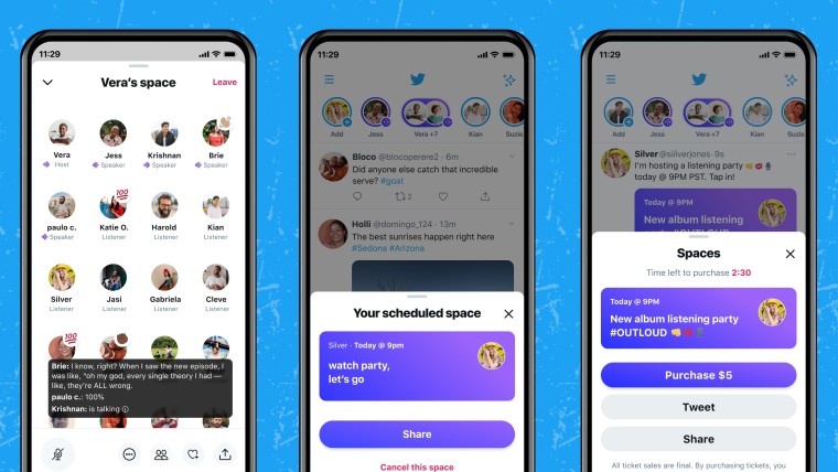 Screenshots depicting Twitter spaces a space ticket being purchase and a space scheduling prompt