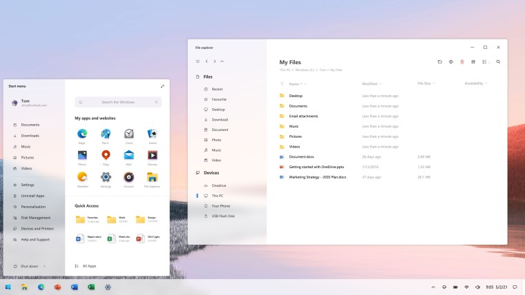 A fan-made design concept of Windows 10 showing a revamped Start menu and File Explorer