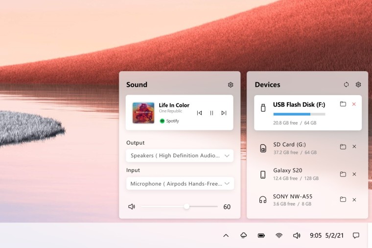 A fan-made design concept of Windows 10 showing the sound and devices flyouts