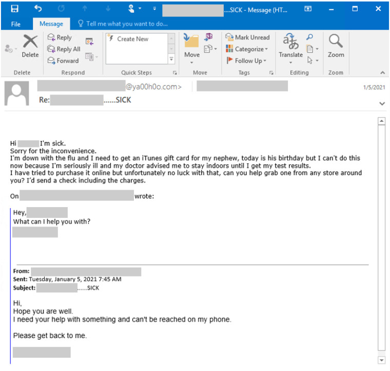 A sample of a BEC gift card scam provided by Microsoft