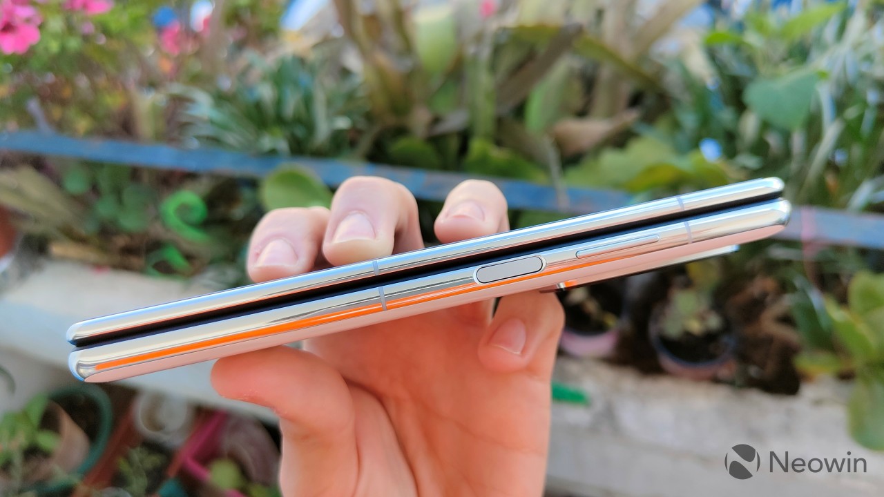 The right side of a Huawei Mate X2 when folded showing the volume rocker and fingerprint sensor