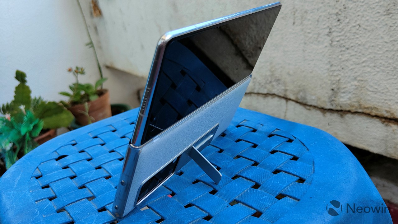 Back of a Huawei Mate X2 standing in the Flip Stand case in landscape mode and unfolded