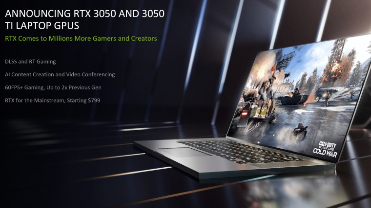 Text describing the benefits of RTX 3050 and 3050 Ti laptop GPUs next to a laptop
