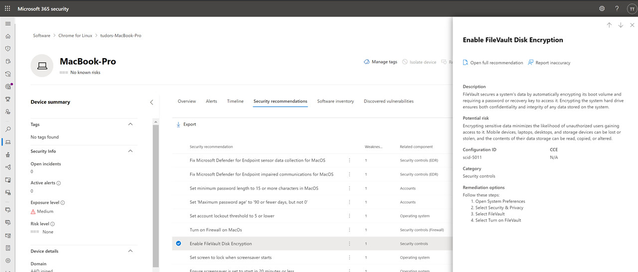 Security configuration recommendation for macOS by Microsoft Threat and Vulnerability Management