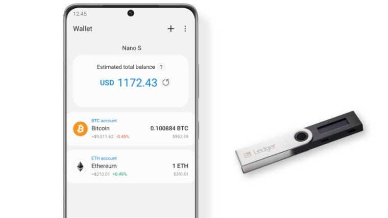 A Samsung Galaxy phone sung the Smasung Blockchain Wallet app to manage a hardware wallet