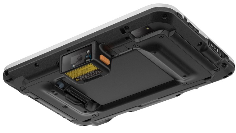 Angled view of the back of Panasonic Toughbook S1 tablet with a landscape barcode scanner