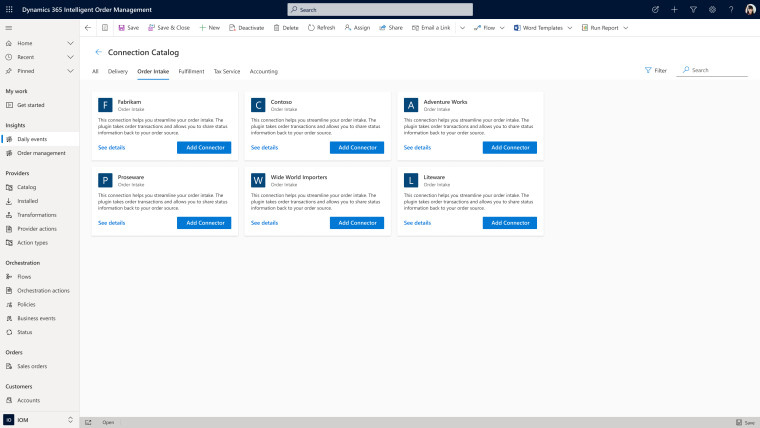 Working connectors showcasing the user interface for Dynamics 365 Intelligent Order Management
