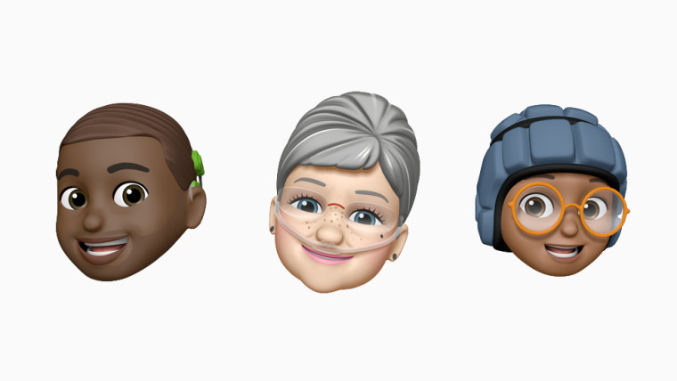 Three Memoji showcasing cochlear implants oxygen tubes and soft helmets