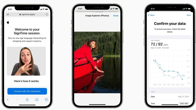 Screenshots showcasing SignTime new VoiceOver features and audiograms on an iPhone