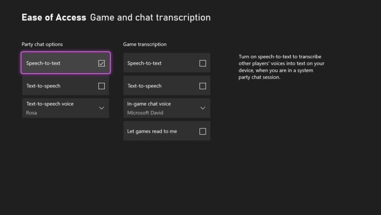Game and chat transcription settings allowing users to use STT and TTS in Xbox Party Chat