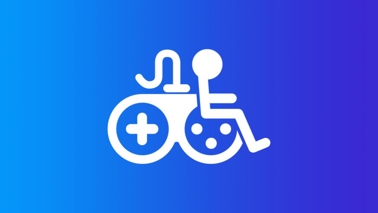 An icon that juxtaposes a videogame controller and a wheelchair user to represent gaming accessibili