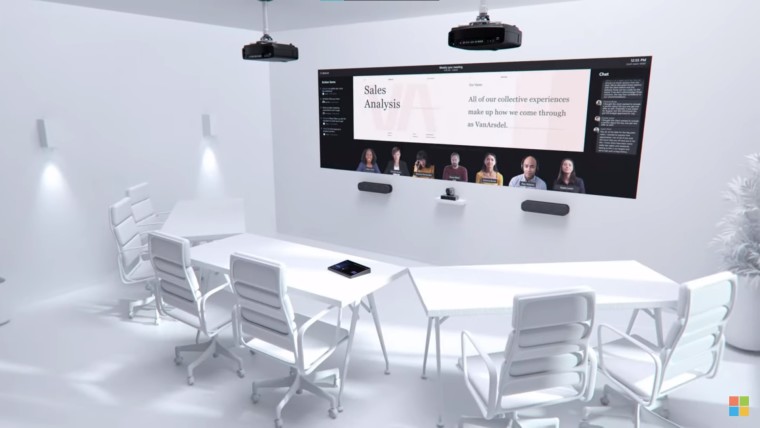 A computer render of a large meeting room with multiple Teams Rooms devices