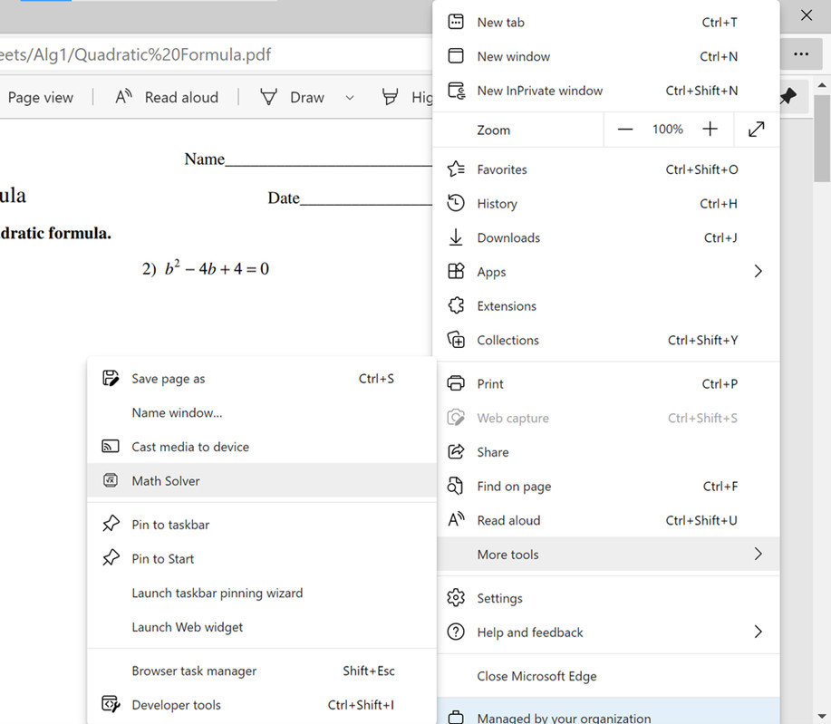 Math Solver on Microsoft Edge 91 in the Canary dev and beta channels
