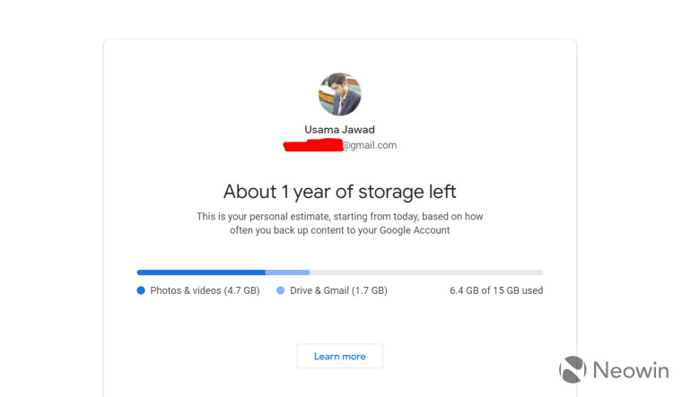 A screenshot of Google utility that shows how much storage you have left on your account