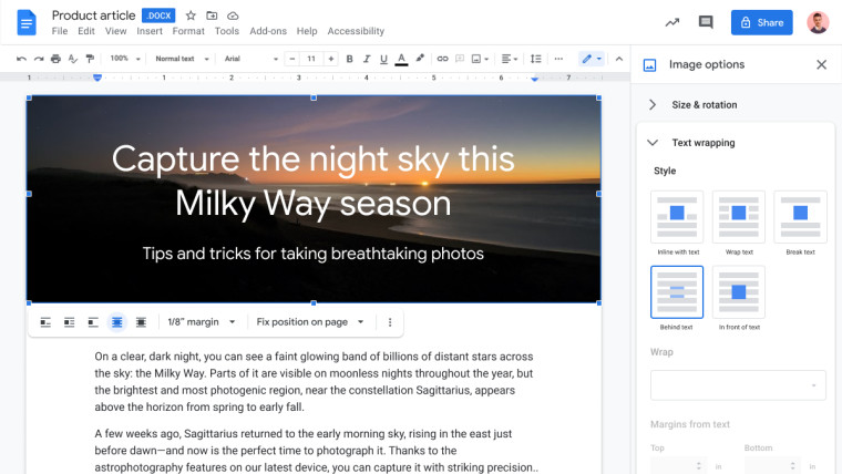 A Google Docs document with a header image behind text