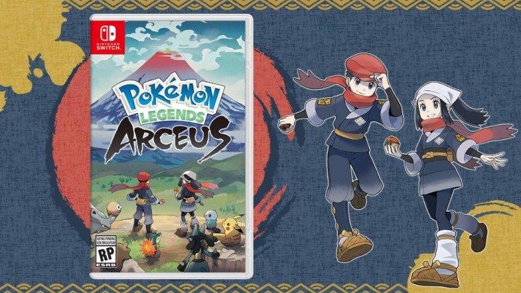 Temporary boxart of Pokmon Legends Arceus next to artwork of the protagonists