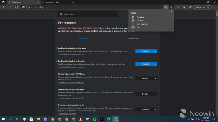 A screenshot showing the Desktop Sharing Hub options in Chrome Canary v92