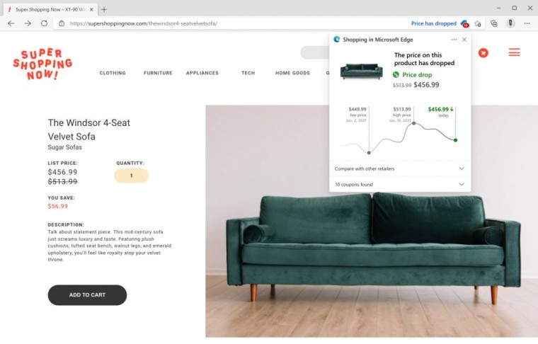Microsoft Edge version 91 Price history feature for shopping