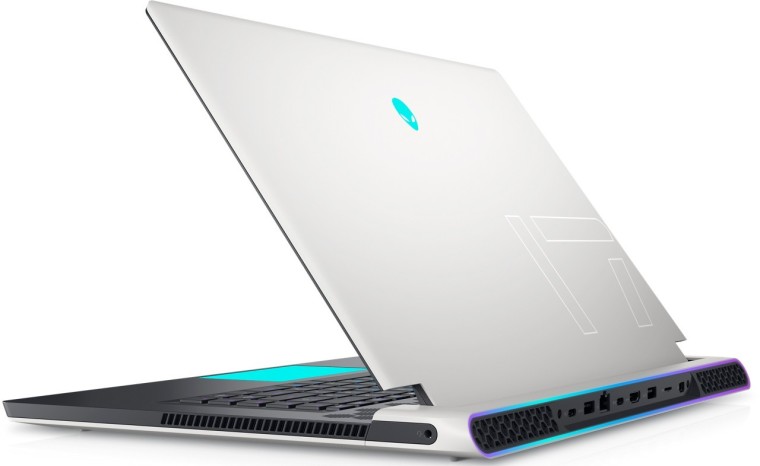 The Alienware x17 laptop with the lid partly open seen from an angled rear view