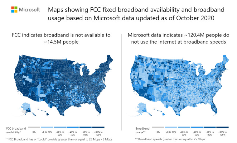 Two maps side by side with the first one showing FCC&039s figures for underserved broadband communit