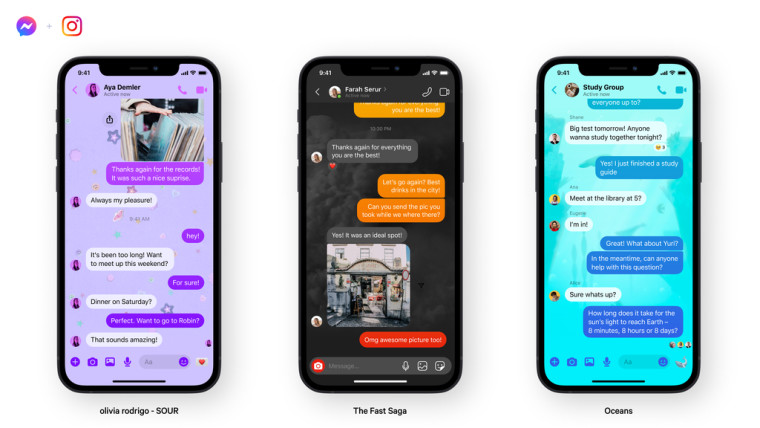 Three new chat themes for Facebook Messenger shown on three phones placed next to each other