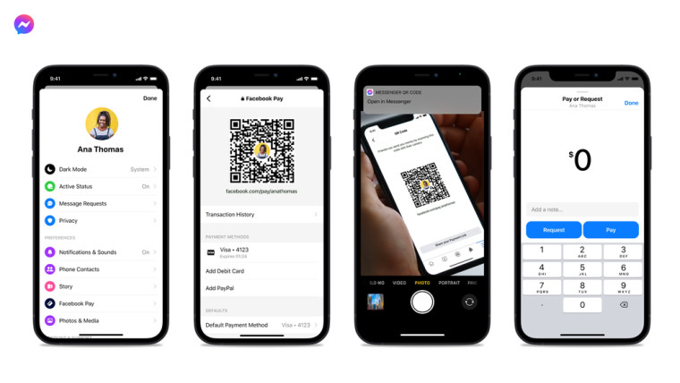 Facebook Pay features for sharing QR code on Messenger