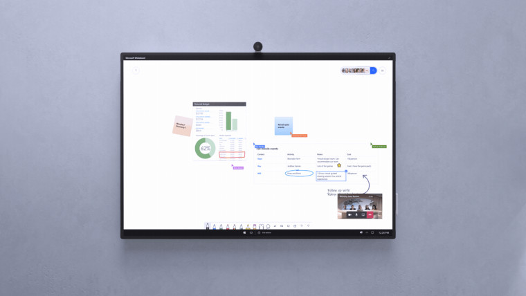 A Surface Hub 2S device mounted to a wall running the Microsoft Whiteboard app
