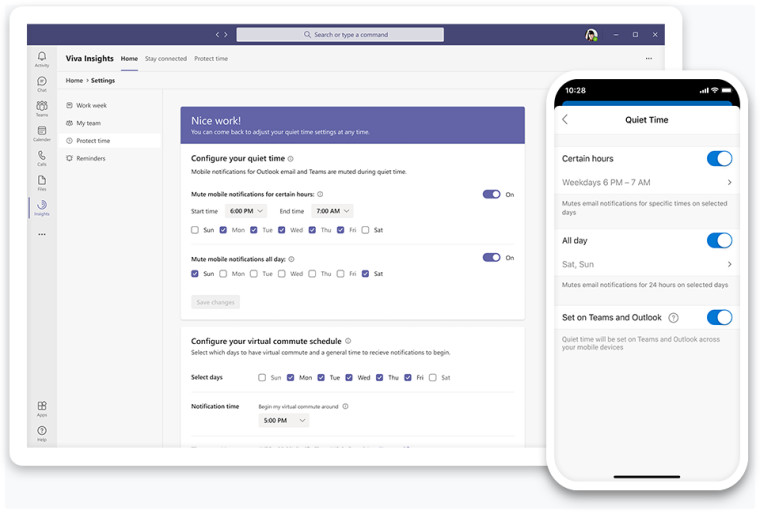 Quiet time settings to silence after-hours mobile notifications from Teams and Outlook