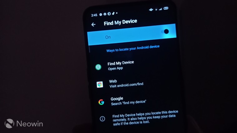 Different ways to locate your device in the settings page of Android Find My Device