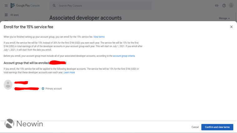 A screenshot of the reduced Google Play Store commission sign up process