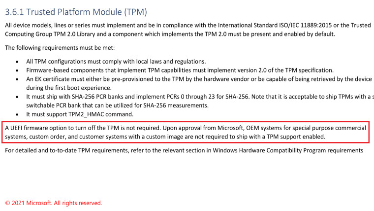 WIndows 11 TPM requirement is relaxed for special PCs