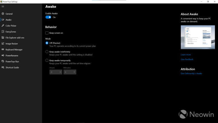 Screenshot of PowerToys showing the PC awake feature