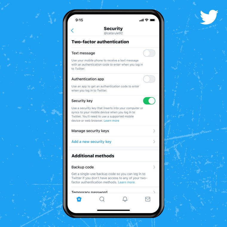 Twitter security settings page showing various 2FA options