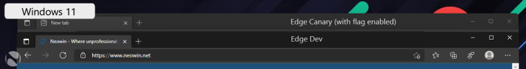 Edge Canary and Edge Dev title bars stacked for comparison on Windows 10