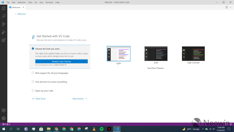 The start page of Visual Studio Code