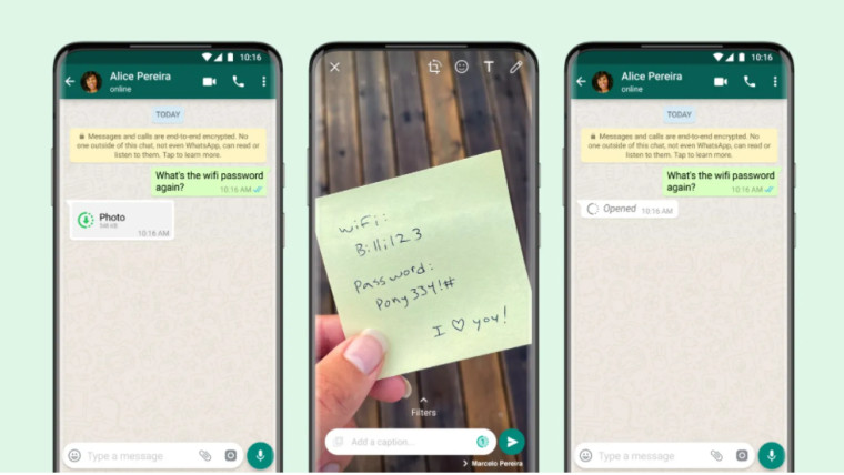 A graphic showing how to send view once media content on WhatsApp