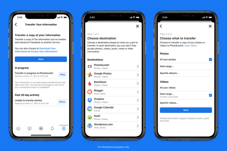 Graphic showing multiple screenshots of Facebook Transfer Your Information utility